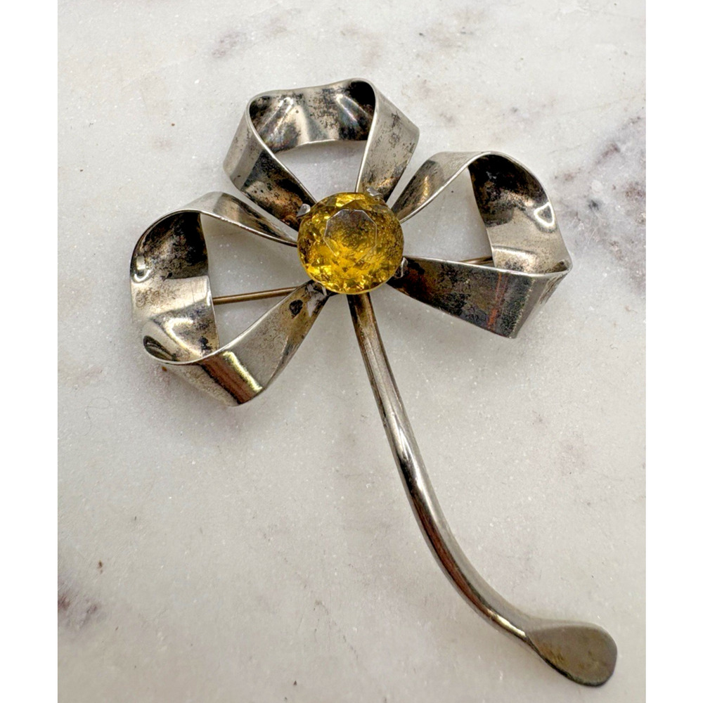 Large Vintage 1950's Sterling Shamrock Brooch Pin 3" long 2" W Cut Glass 11.89g